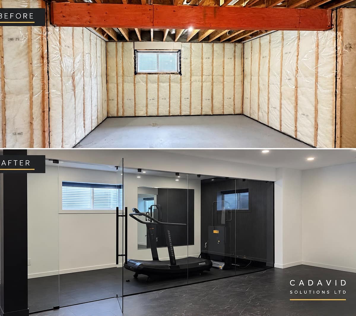 Basement Development — before and after composite of the basement transformation from unfinished framing to a finished glass-enclosed gym and living area