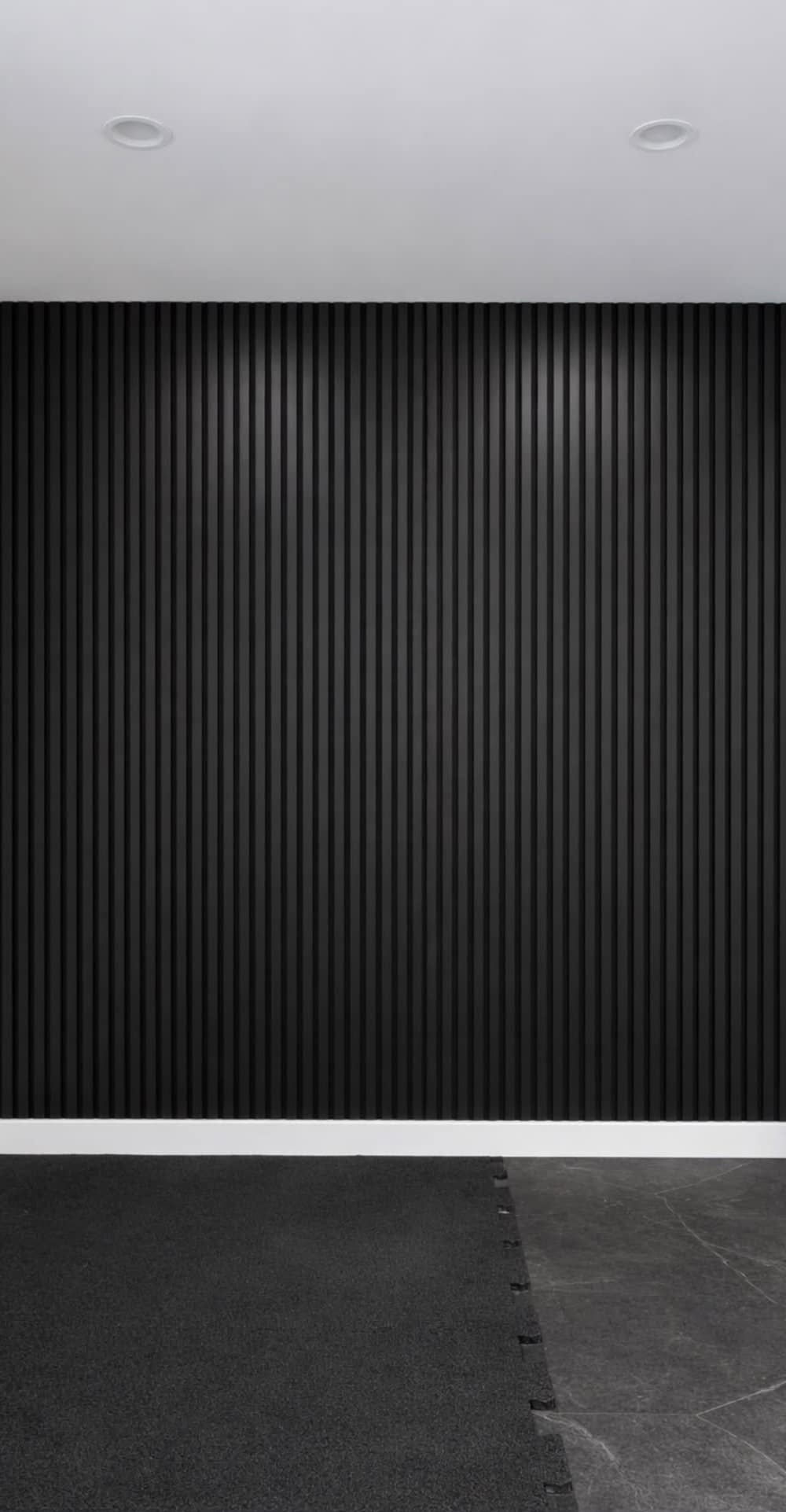 Basement Development — private glass-enclosed gym with black acoustic slat feature wall, interlocking rubber flooring and recessed lighting