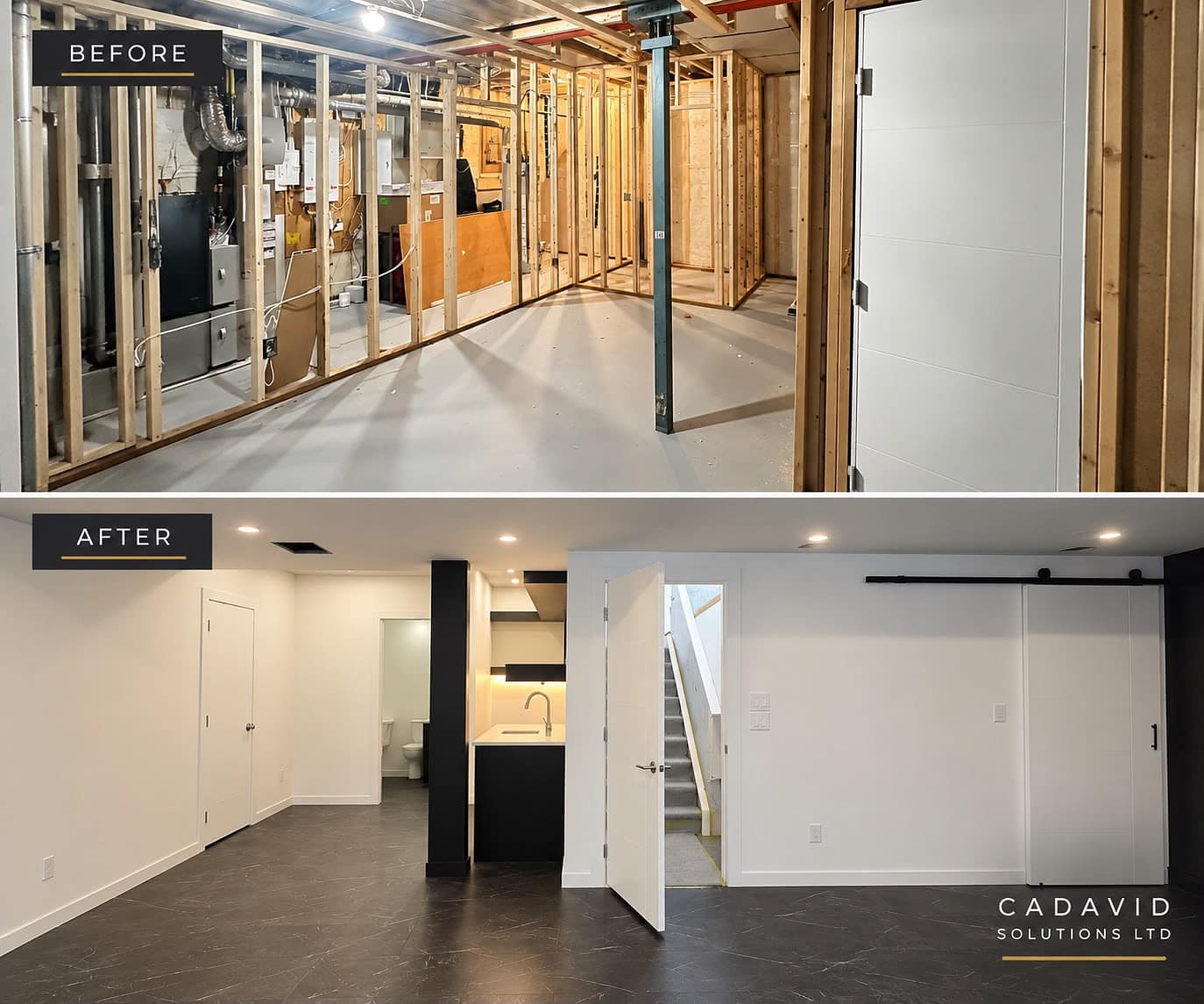 Basement Development — before and after composite of the basement transformation from unfinished framing to a finished gym and living area
