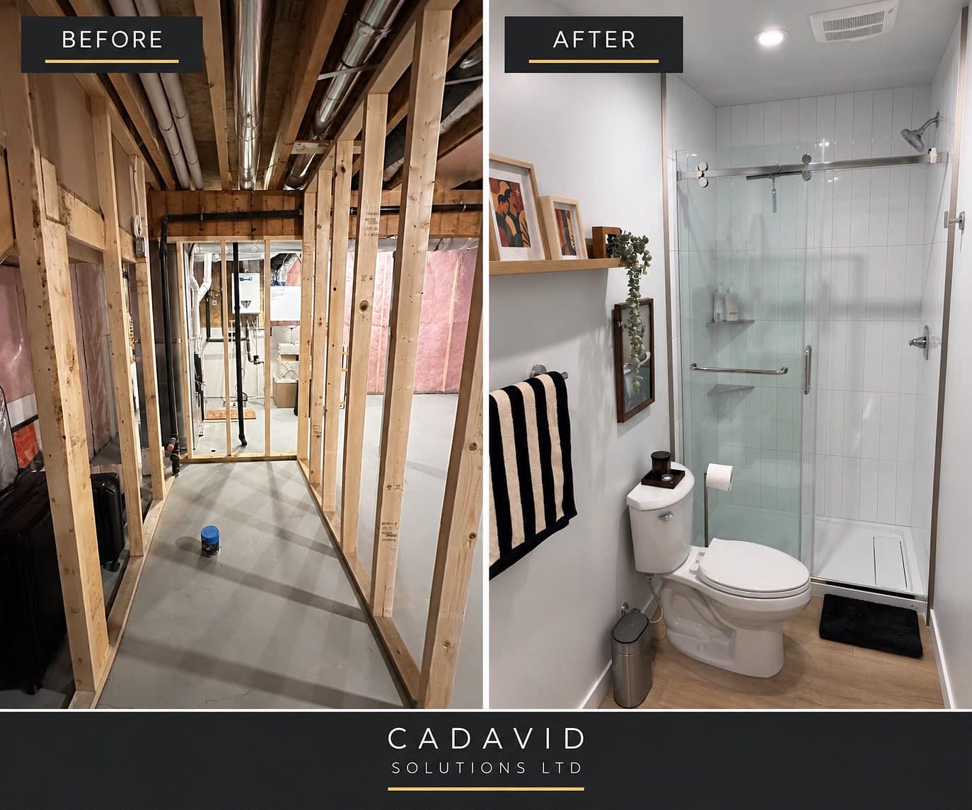 Before and after views of a full bathroom renovation completed by Cadavid