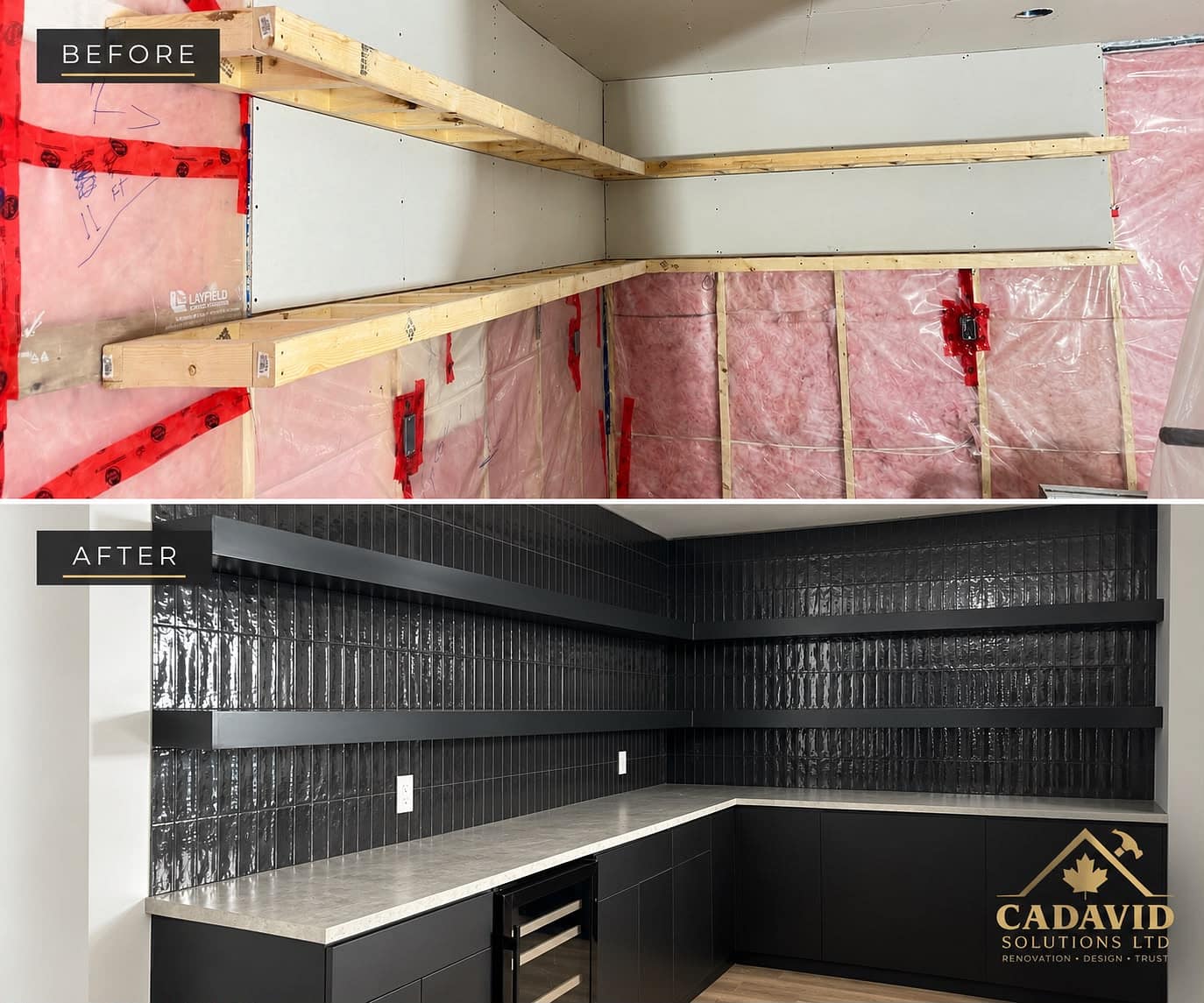 Before and after views of custom black kitchen cabinetry built by Cadavid