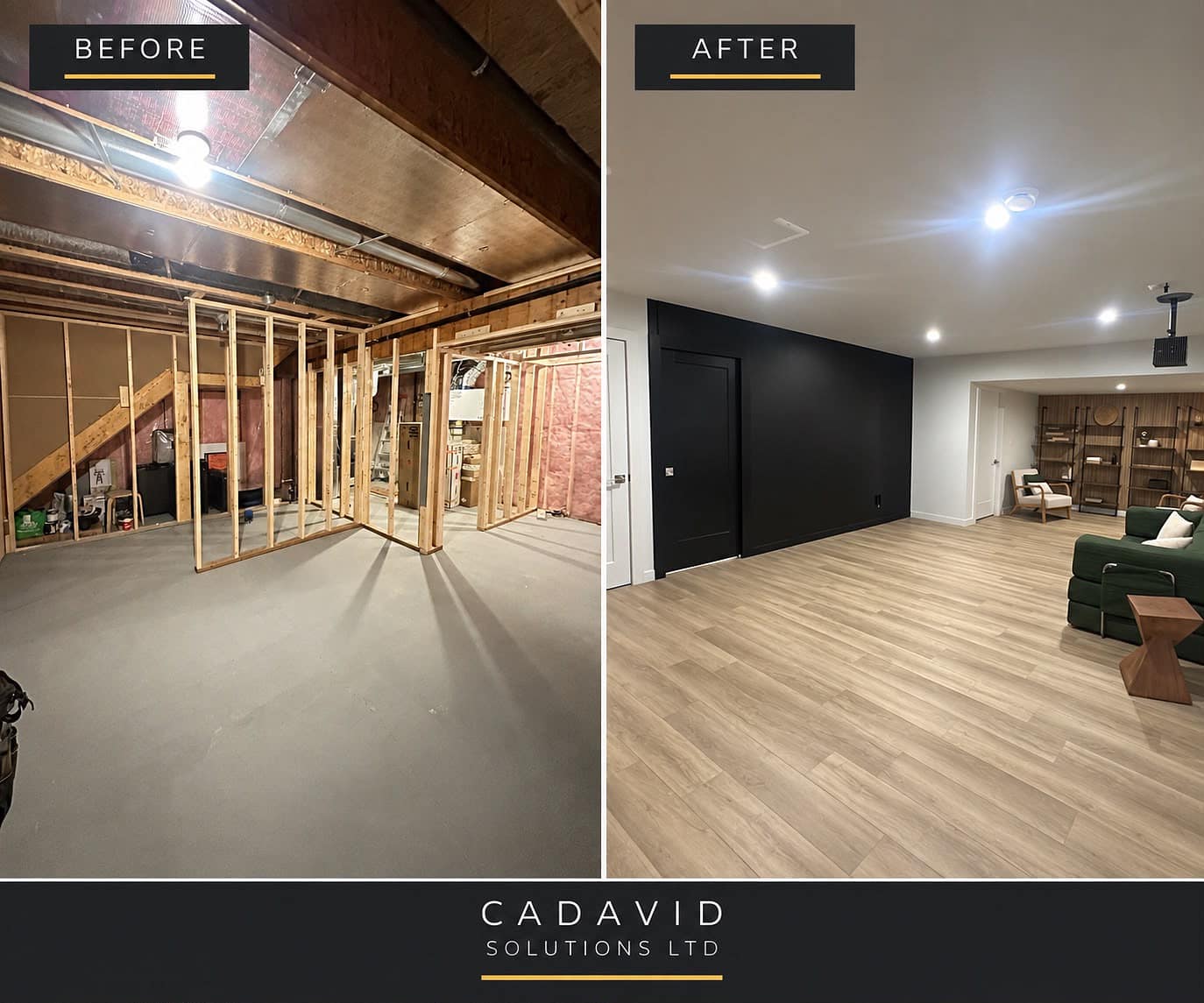 South Edmonton basement renovation living and entryway before and after transformation